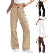 SAKMAL Khaki Pants for Women Work Casual Cargo Straight Leg High Waisted Full Length Plain Yellow Pants with Pockets