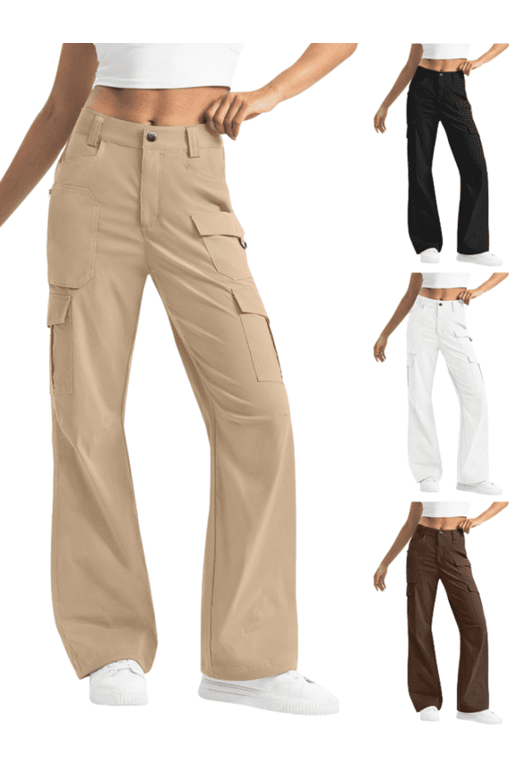 Khaki Pants for Women Work Casual Cargo Straight Leg High Waisted Full Length Plain Yellow Pants with Pockets