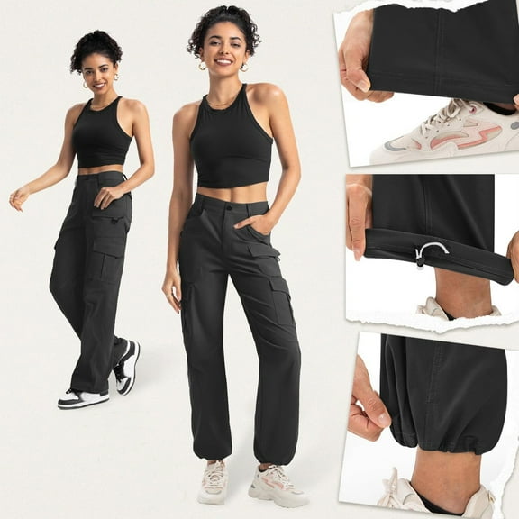 Sakmal Khaki Pants for Women with Pockets Black Cargo Loose Full Length Pants for Women S-XXL