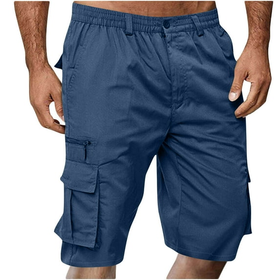 Sakmal Khaki Shorts Men Cargo Knee Length Wide Leg Beach Solid 9 Inch Blue Mens Shorts XL