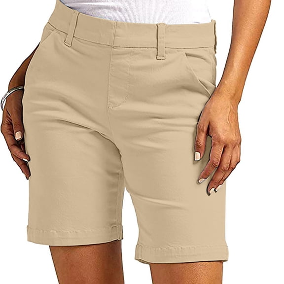 Sakmal Khaki Shorts Women Straight Leg Mid Rise Elastic Waist Stretchy 7 Inch Inseam Bermuda Shorts with Pockets