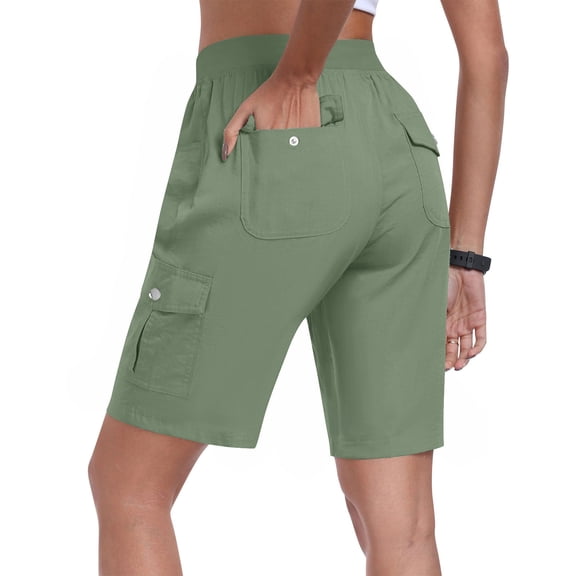Sakmal Khaki Shorts for Women Cargo Plus Size Straight Leg Knee Length Green Elastic Waist Solid Shorts for Women with Pockets