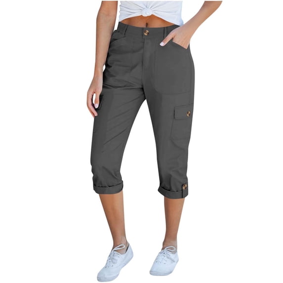 Sakmal Khaki Women's Capri Cargo Pants 7/8th Straight Leg Pants with Pockets Solid Beach Vacation Capris for Women L