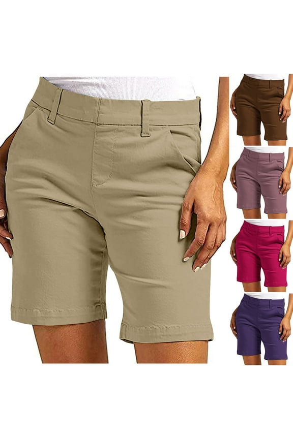Khaki Womens Shorts Beige Chino Straight Leg Solid Mid Rise 7 Inch Inseam Shorts with Pockets