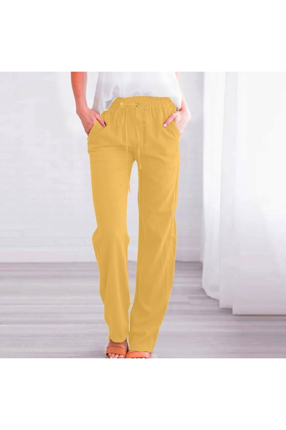 Khakis Pants Women High Waisted Work Straight Leg Cotton Linen Yellow Solid Pants with Pockets