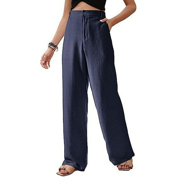 Sakmal Khakis Women's Pants Cotton Linen Work Wide Leg Dressy Casual Full Length Blue High Waisted Plain Pants