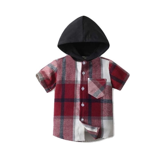 Sakmal Kids Clothes With Pocket Red Short Sleeve 1-8y Plaid Hooded Button Down Tee For Kids