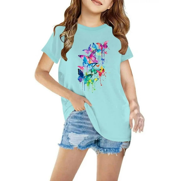 Sakmal Kids Clothes Cotton Blue Crew Neck 3-7y Short Sleeve Floral Daily Life Tee For Kids