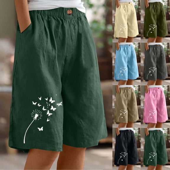 Sakmal Knee Length Cotton Linen Shorts for Women Wide Leg High Waisted Bermuda Graphic Comfy Green Shorts for Women with Pockets