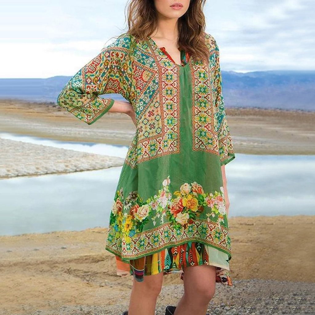 Sakmal Knee Length Dresses for Women Trendy Shift Dress Graphic Green Vintage V-Neck 3/4 Sleeve Dresses for Ladies
