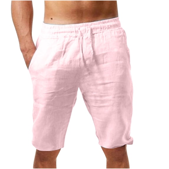 Sakmal Knee Length Mens Shorts Cotton Linen Bermuda Wide Leg Pink Solid Vacation 9 Inch Shorts for Men M