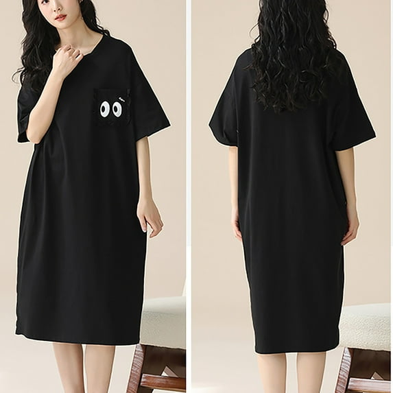 Sakmal Knee Length Moo Moos for Women Black Funny Comfy Cotton Sleep Dress Short Sleeve Cartoon Print Nightgowns for Women