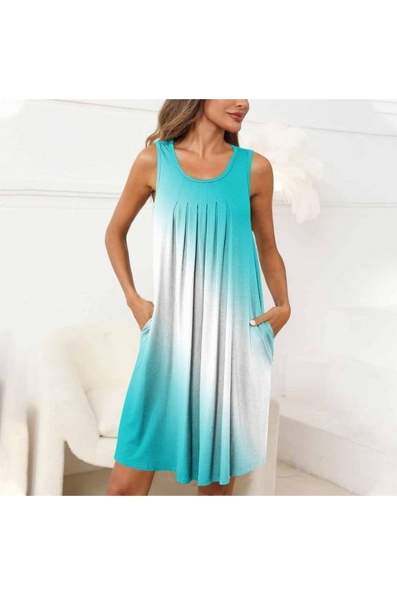 Knee Length Moo Moos for Women Green Pleated Cute House Dress Gradient Sleeveless Sleep Tanks with Pockets