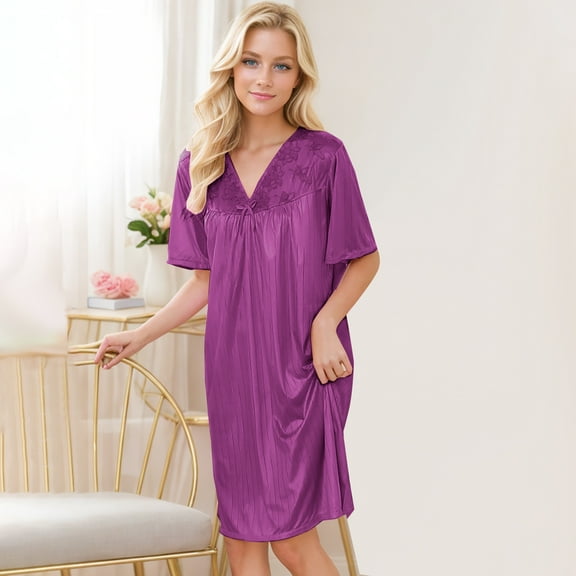 Sakmal Knee Length Moo Moos for Women Nightgown Purple Pleated Cute Sleepshirt Solid Short Sleeve Nightgowns for Women