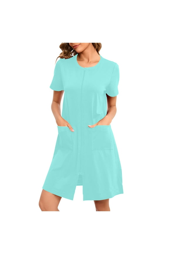 Knee Length Moomoo Night dress for Women Blue Full Zip Casual House Dress Solid Short Sleeve Nightgowns with Pockets