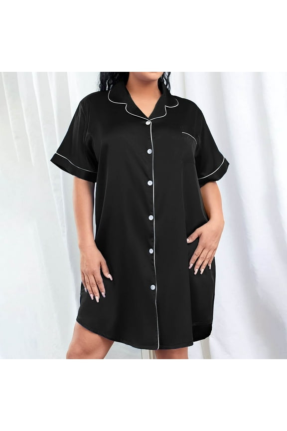 Knee Length Moomoo Night dress for Women Plus Size Button Down Black Soft Sleepshirt Short Sleeve Solid Nightshirts for Women