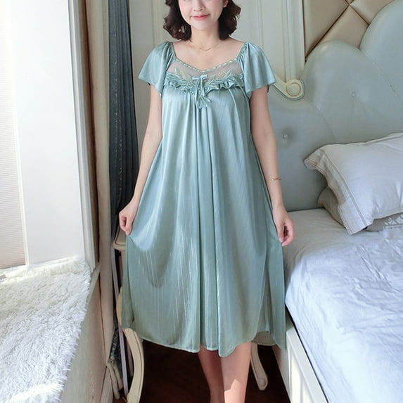 Sakmal Knee Length Nightgowns Women Green Silky Soft Sleepwear Short Sleeve Floral Nightgowns for Women