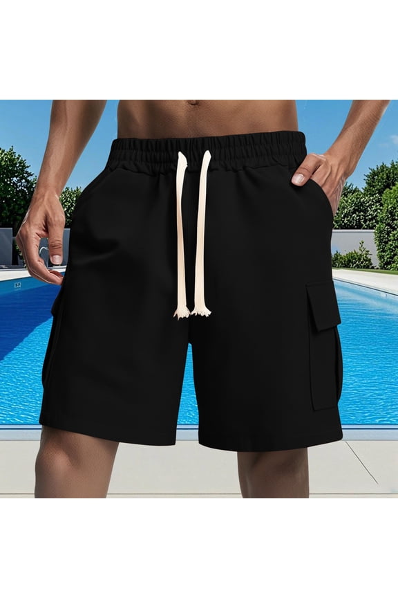 Knee Length Shorts Men Bermuda Cotton Linen Elastic Waist Black Solid 9 Inch Drawstring Shorts for Men XL