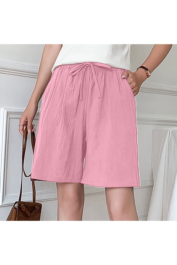 Shorts for Women Wide Leg High Waisted Pink Bermuda Knee Length Comfy Cotton and Linen Shorts with Pockets