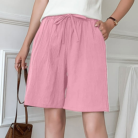 Sakmal Shorts for Women Wide Leg High Waisted Pink Bermuda Knee Length Comfy Cotton and Linen Shorts with Pockets