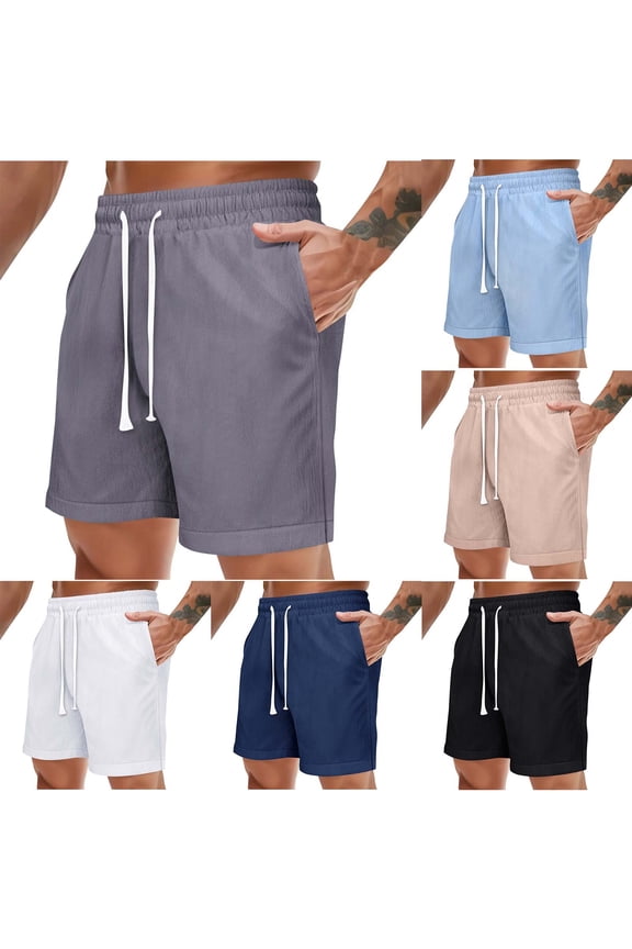 Knee Length Shorts for Men Board Bermuda Cotton Linen Stretch Drawstring Black 9 Inch Solid Mens Shorts L