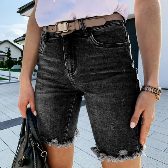 Sakmal Knee Length Shorts for Women Jean Cut-off Denim Black Shorts with Pockets