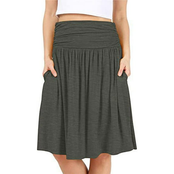 Sakmal Knee Length Skirt Womens Midi Pleated Gray Summer Solid A line Skirts with Pockets