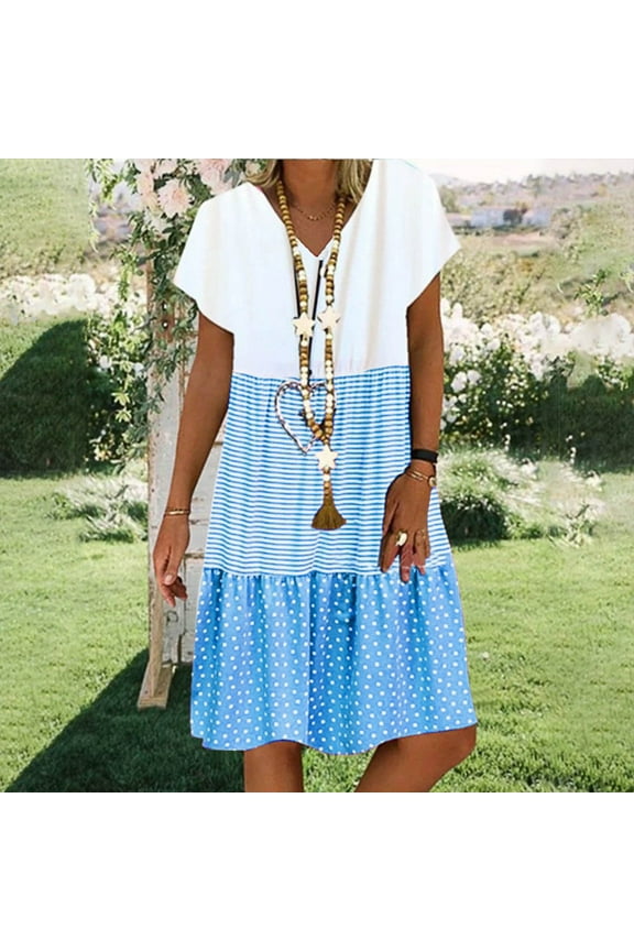 Knee Length Summer Dresses for Women 2024 Blue Shift Dresses Short Sleeve Patchwork Striped Polka Dot Dresses for Ladies