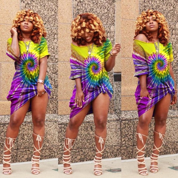 Sakmal Knee Length Summer Dresses for Women 2024 Vacation Yellow Tie Dye Sun Dress Crew Neck Short Sleeve Ladies Dresses