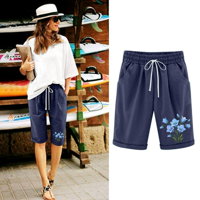 Sakmal Knee Length Women's Shorts Blue Dressy Casual Bermuda Chino 8" Drawstring Mid Rise Shorts with Pockets