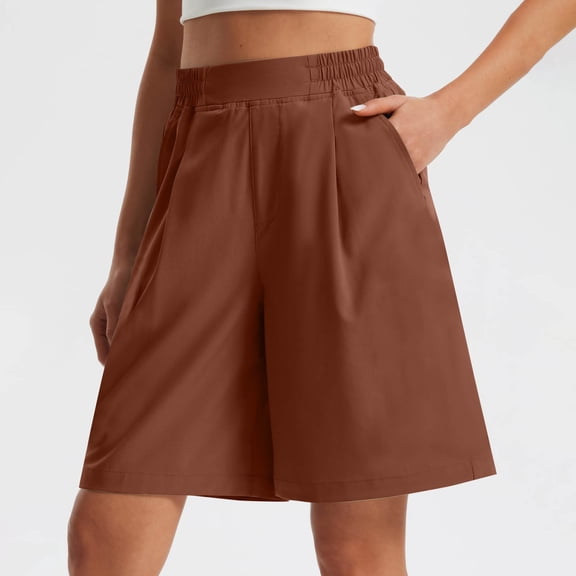 Sakmal Knee Length Women's Shorts Wide Leg Bermuda High Waisted Comfy Brown Solid Ladies Shorts with Pockets