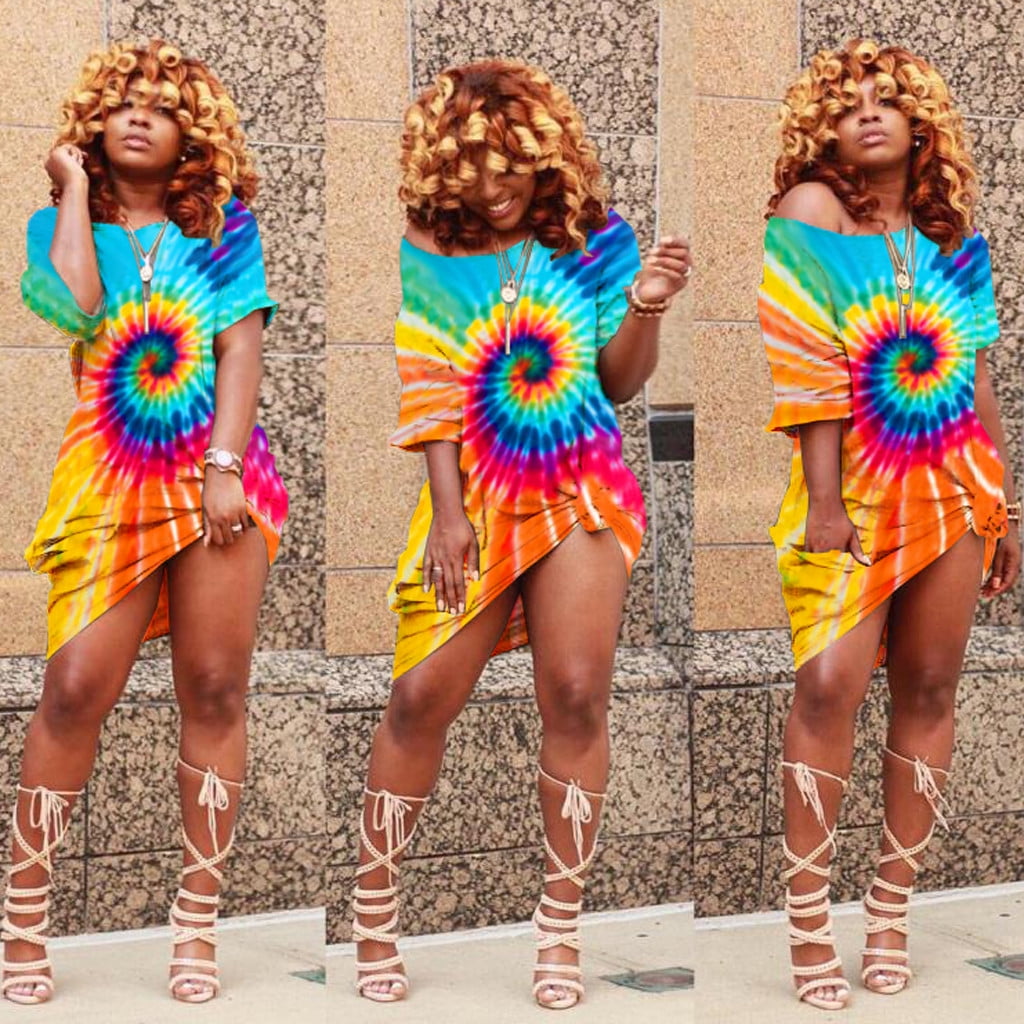 Sakmal Knee Length Womens Dresses Tie Dye Sun Dress Blue Crew Neck ...