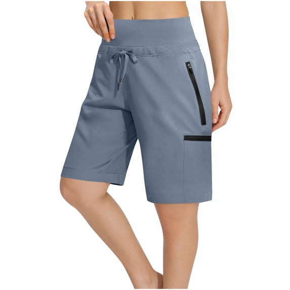 Sakmal Knee Length Womens Khaki Shorts Cargo Wide Leg High Waisted Blue Summer Solid Womens Shorts with Pockets