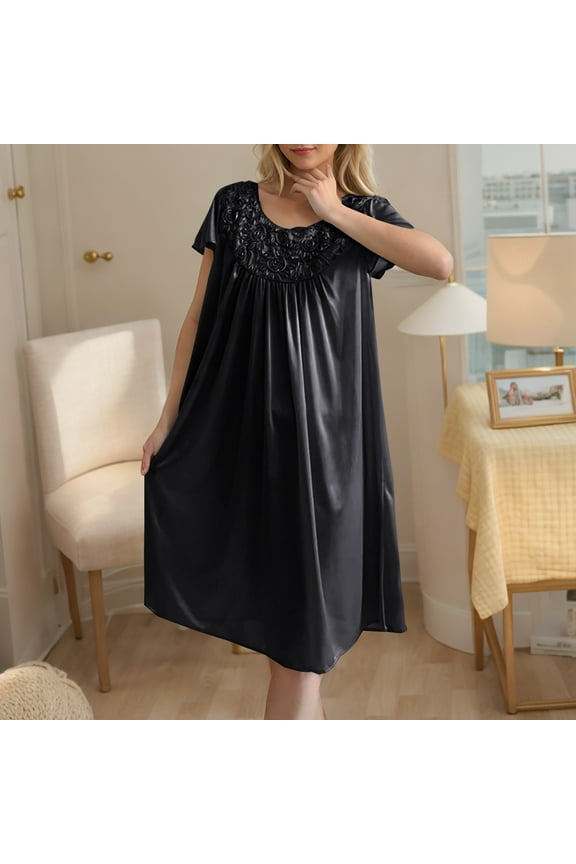 Knee Length Womens Moomoo Nightgowns Black Soft Cooling Sleep Dress Floral Short Sleeve Nightgowns for Women