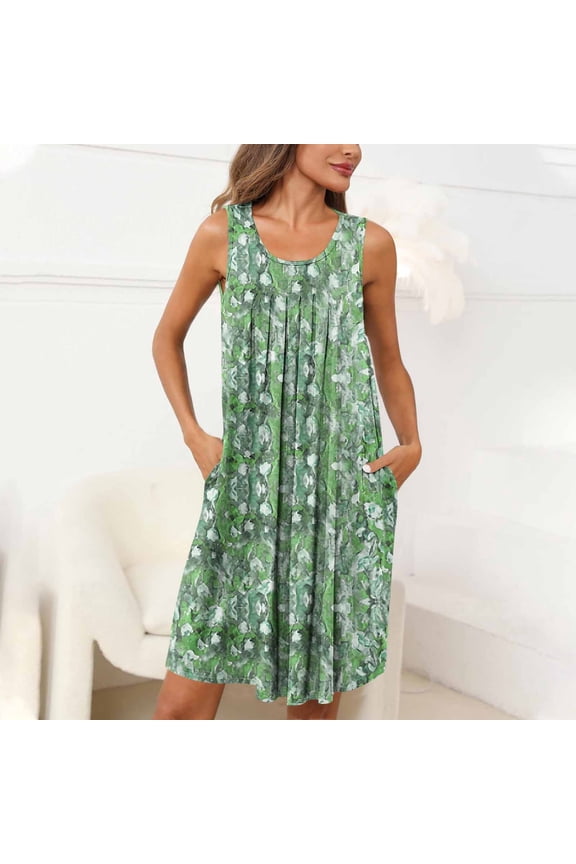 Knee Length Womens Tank Nightgown Green Cute Vintage Nightwear Sleeveless Floral Sleep Tanks with Pockets