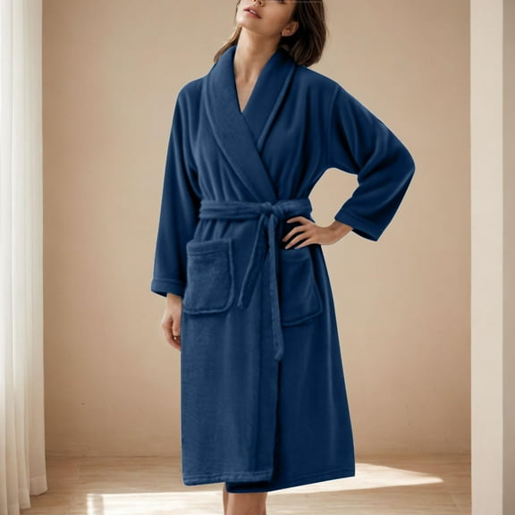 Sakmal Knit Robes for Women Flannel Plus Size Fleece Long Loungewear for Women House Blue Womens Robe M