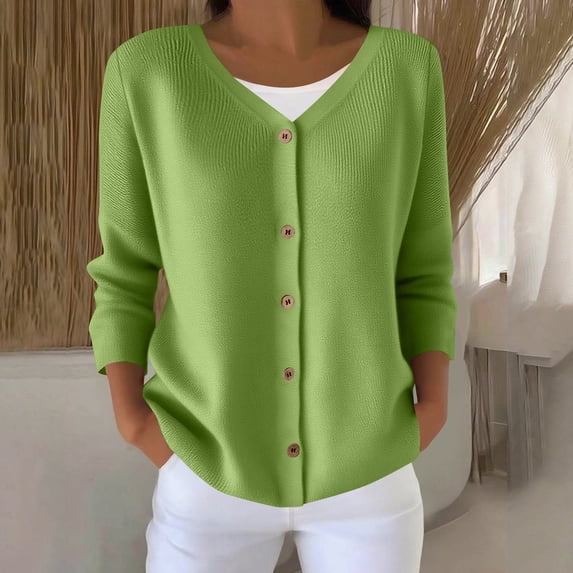 Sakmal Knit Shirts Women Cute Green Button Down Sweaters Solid Long Sleeve V Neck Blouses for Women