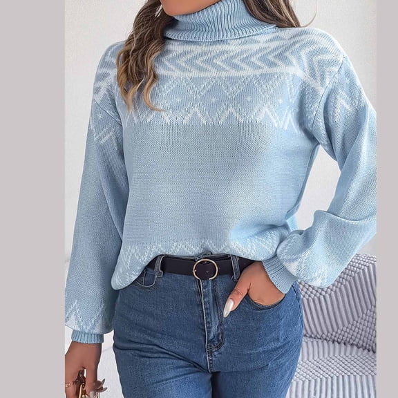 Sakmal Knit Tops for Women Business Casual Royal Blue Sweaters Long Sleeve High Neck Graphic Blouses for Women