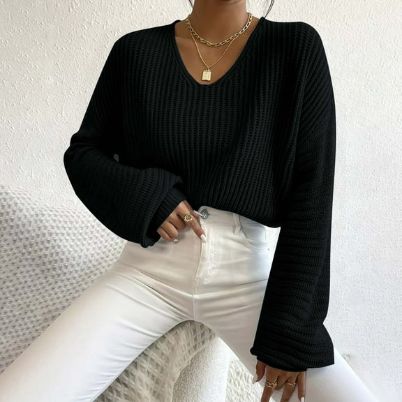 Sakmal Knit Woemns Sweaters Black Pullover Crochet Tops Long Sleeve V Neck Solid Fashion Sweaters for Women