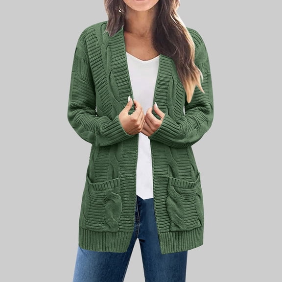Sakmal Knit Women Cardigan Sweater Plus Size Soft Open Front Cardigan Floral Long Sleeve Green Sweater Top with Pockets