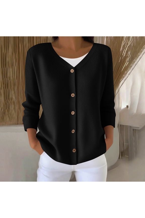 Knit Women Shirts Button Down Black Fall Sweaters V Neck Long Sleeve Solid Shirts for Women