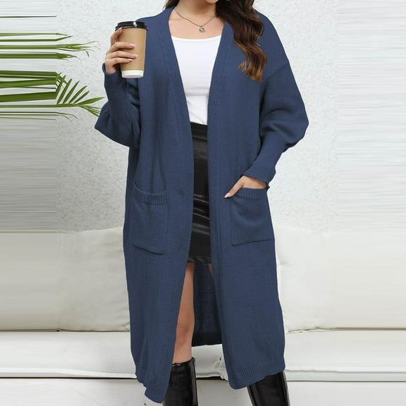 Sakmal Knitted Cardigan Sweaters for Women Open Front Casual Duster Lanetrn Long Sleeve Cardigan Long Blue Sweater Coat with Pockets