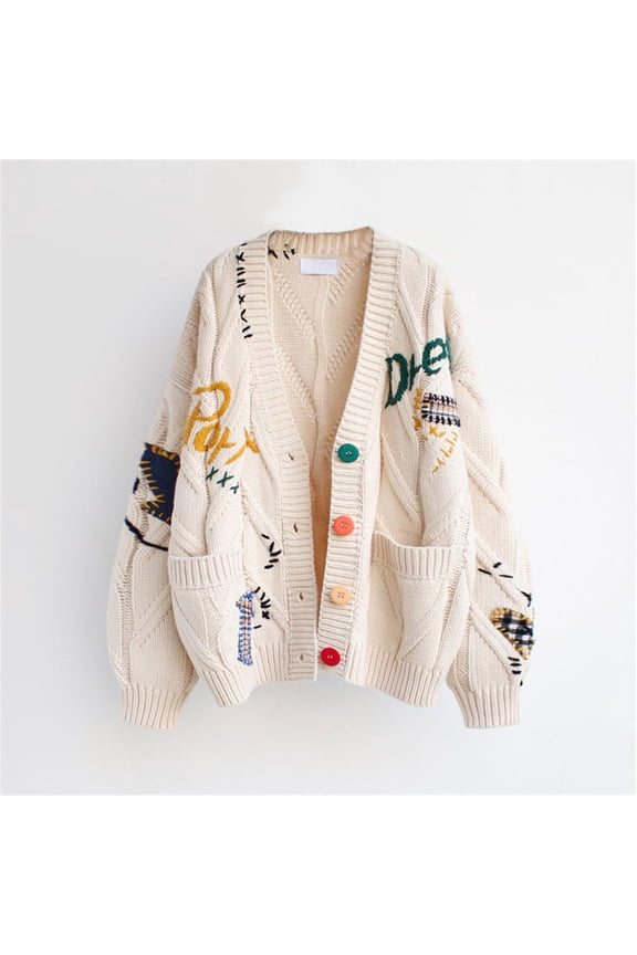 Knitted Womens Cardigan Sweaters Button Down Fashion Cardigan Graphic Long Sleeve White Sweater Coat