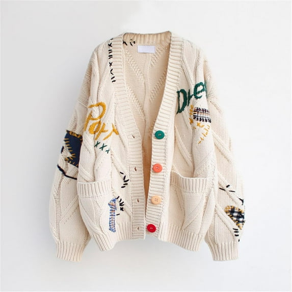 Sakmal Knitted Womens Cardigan Sweaters Button Down Fashion Cardigan Graphic Long Sleeve White Sweater Coat