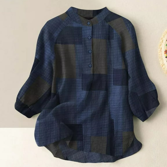 Sakmal Ladies Shirts Blue 3/4 Sleeve Plaid Cotton and Linen Collared Blouses Ladies Shirts