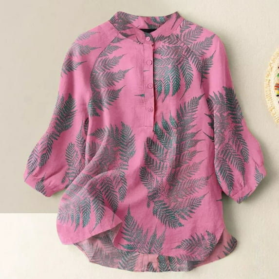 Sakmal Ladies Shirts Pink 3/4 Sleeve Cotton and Linen Floral Collared Blouses Ladies Shirts