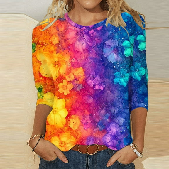 Sakmal Ladies Shirts and Tops 3/4 Sleeve Pastel Crew Neck Graphic Colorful T-Shirts Ladies Shirts and Tops
