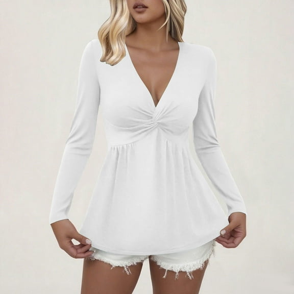Sakmal Ladies Tops And Blouses Cute White Peplum Tops Solid Long Sleeve V Neck Blouses for Women