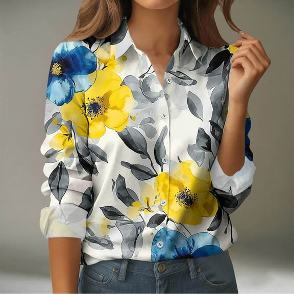Sakmal Ladies Tops And Blouses Fall Button Down Royal Blue Shirts Floral Collared Long Sleeve Tops for Women