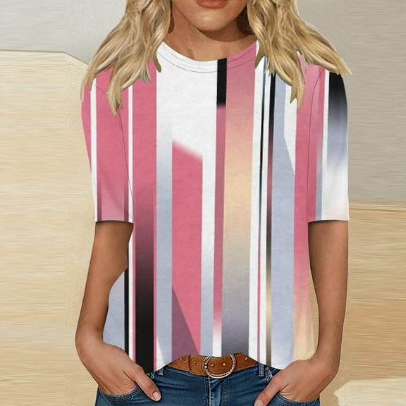 Sakmal Ladies Tops Elbow-Length Pink Graphic Crew Neck T-Shirts Womens Shirts